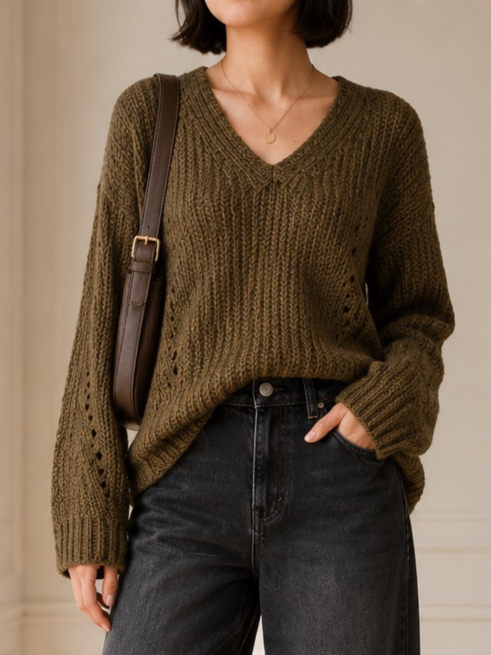 John + Jenn Constance Sweater M Olive Green V Neck Open Knit Oversized Revolve
